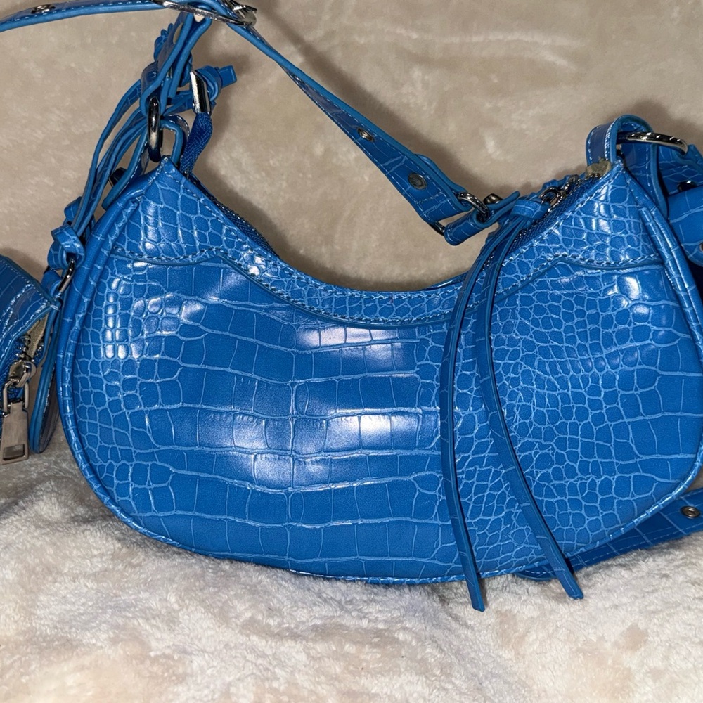 Y2K Grunge Electric Blue Studded Croc Shoulder Bag Attached Heart Mirror Wallet - Picture 8 of 16